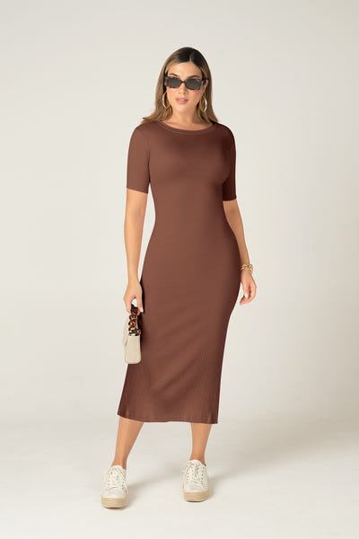 VESTIDO TRES CUARTOS MANGA CORTA Café
