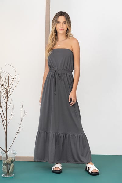 VESTIDO LARGO STRAPLESS Gris